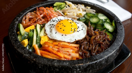 Obraz na płótnie Colorful bibimbap dish with egg & vegetables in a stone bowl w salonie