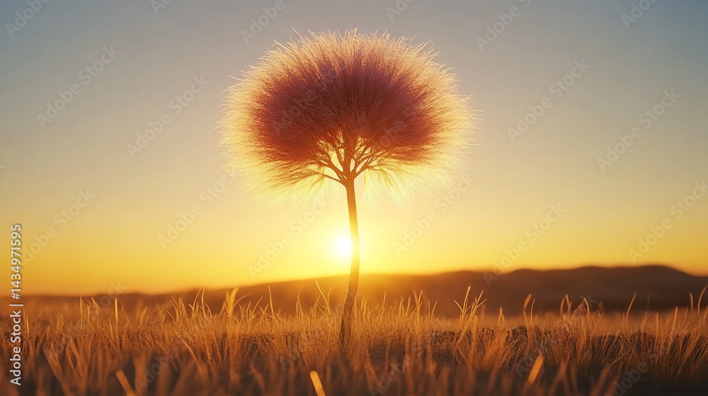 Majestic fluffy plant against the sunset in a golden field
