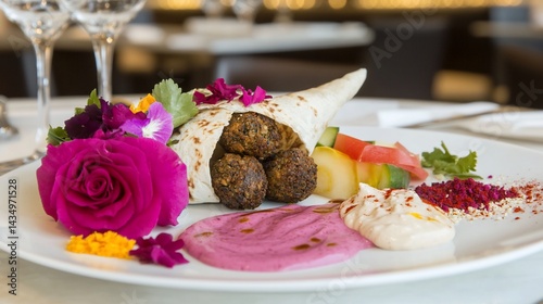 Flavorsome falafel dish, floral garnish