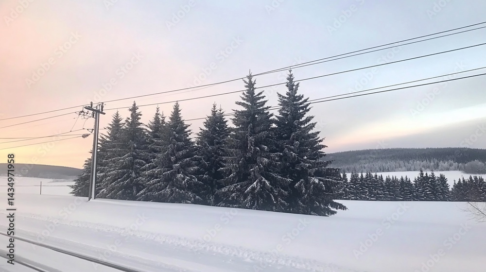 Snowy landscape with coniferous trees and power lines at dawn