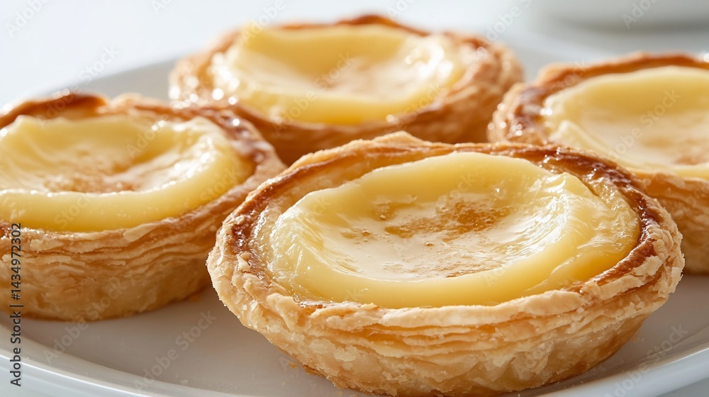 Four custard tarts on a plate. Close-up view of the golden, flaky pastry crusts and creamy custard filling