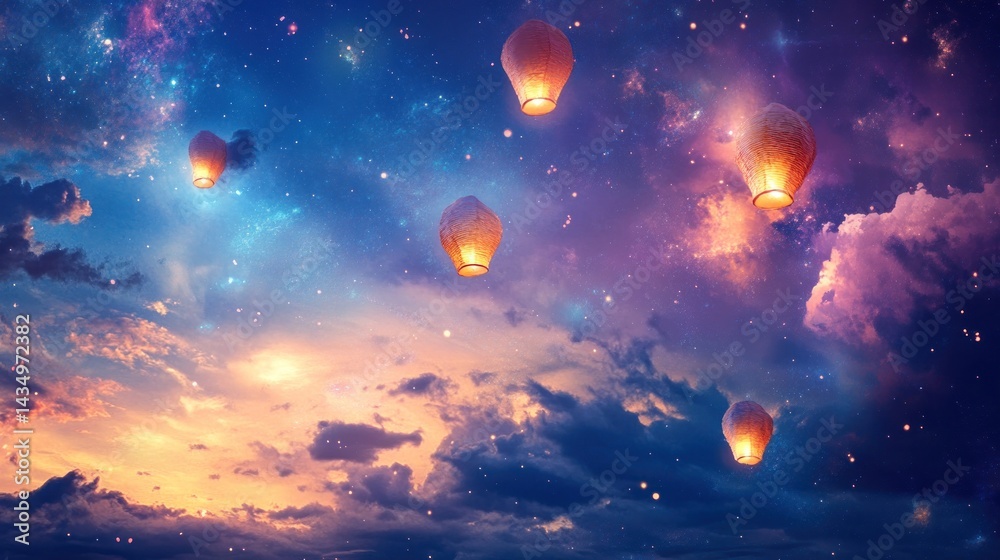 Fototapeta premium Sky lanterns ascend into a vibrant, starry twilight sky