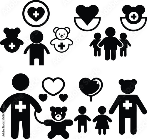 Healthcare icons family support and teddy bear designs