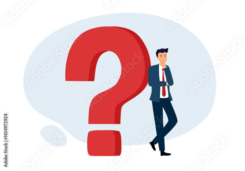Question or problem solving, think about answer or solution, contemplation, doubt or concentration, FAQ frequently asked questions. Doubtful businessman thinking about answer with big question mark.