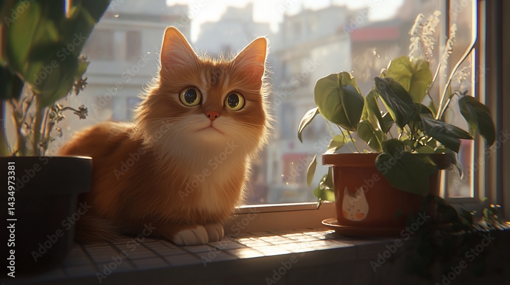 Adorable orange cat gazing outside window near potted plants in sunny setting