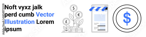 Coin-topped plants, a mobile storefront, and a bold circular dollar sign reflect growth, e-commerce, and success. Ideal for finance, business, investment, e-commerce monetization entrepreneurship