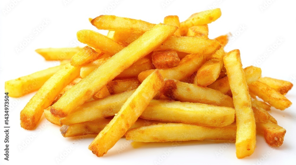 High Quality Close Up Shot of Crispy French Fries And Potato Fry Isolated On Clean White Background. High Quality Close Up Shot of Crispy French Fries And Potato Fry Isolated On Clean White Background.