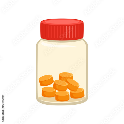 Orange pills in transparent bottle. Vector cartoon flat illustration of container with supplement.