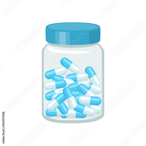 Blue pills in transparent bottle. Vector cartoon flat illustration of container with medication. 