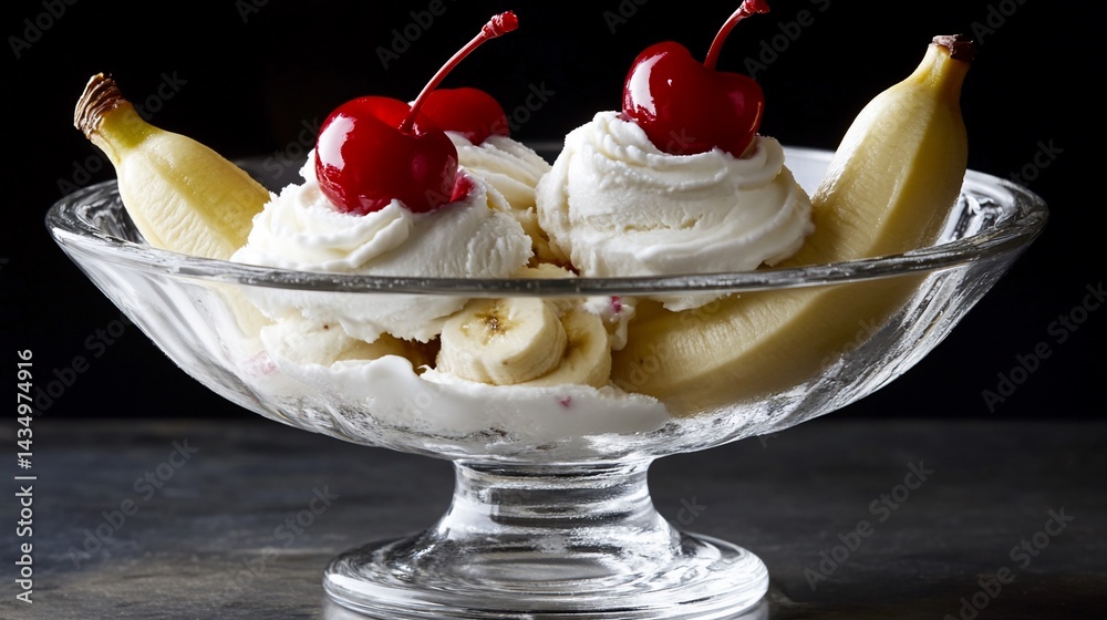 Creamy banana split dessert. Fresh sliced bananas and vanilla ice cream layered in a glass bowl, topped with whipped cream and maraschino cherries