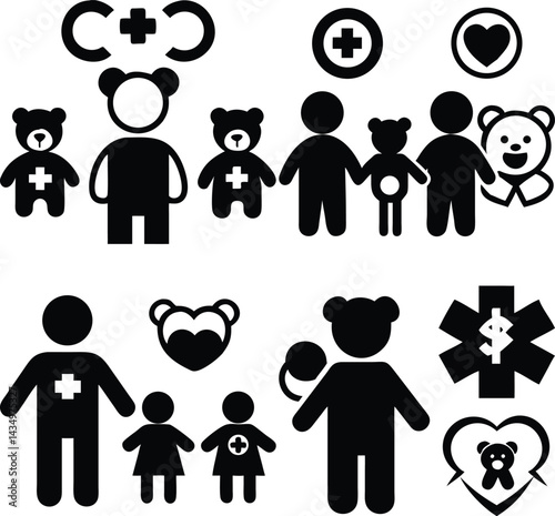 Set of medical and children themed vector icons in black and white solid style
