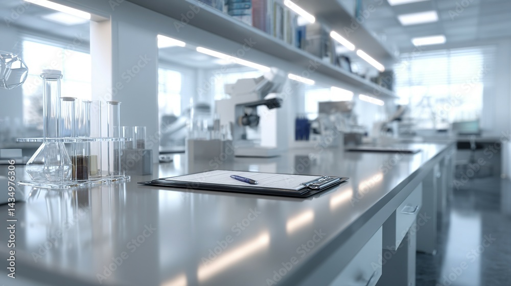 Fototapeta premium Modern laboratory workspace with scientific equipment and paperwork.