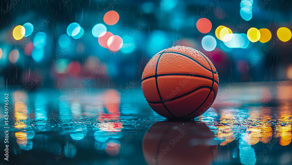 There is a basketball on the wet ground, surrounded by soft, blurry lights and shimmering raindrops, creating a charming, rainy atmosphere. There is a basketball on the wet ground, surrounded by soft, blurry lights and shimmering raindrops, creating a charming, rainy atmosphere.