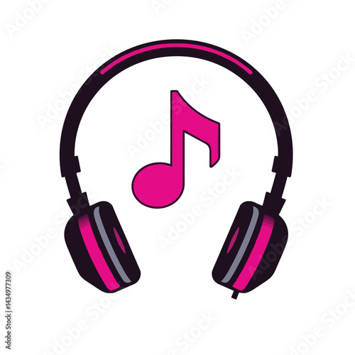 Listen to music with headphones and pink note vector graphic for audio and entertainment concepts
