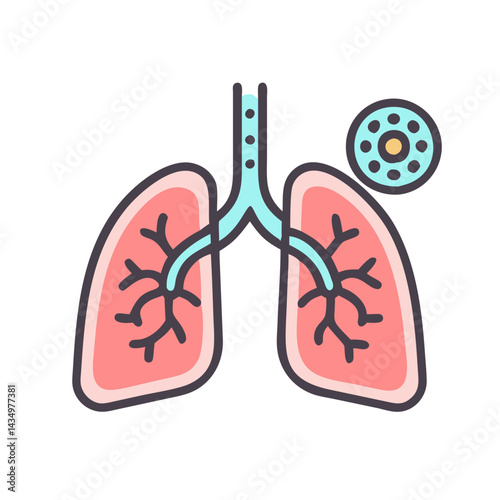 Stylized lungs illustration with virus symbol on a black background