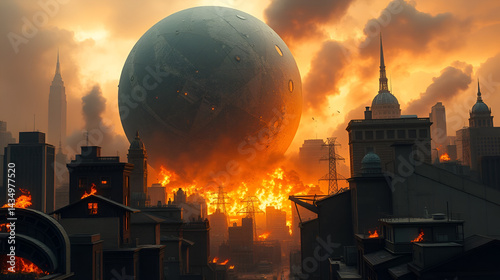 Destruction in the city as a giant sphere looms over burning buildings during a catastrophic event