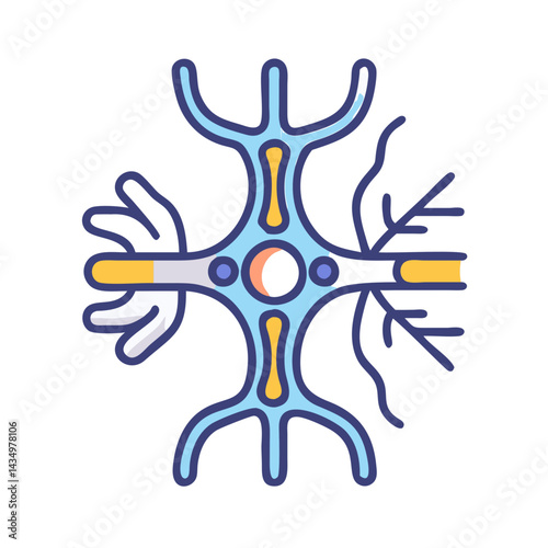 Stylized Neuron Illustration on Black Background with Bright Accents