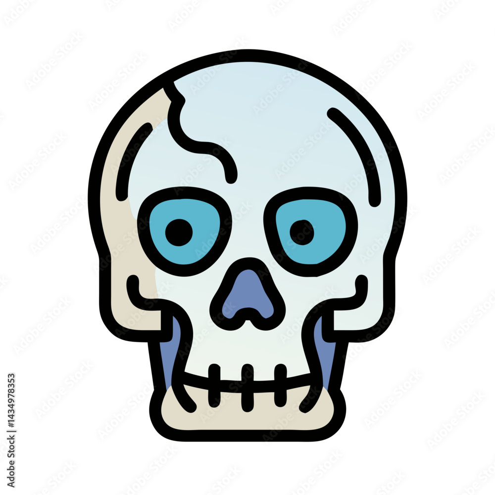 Fototapeta premium Cartoon skull head with blue eyes on black background