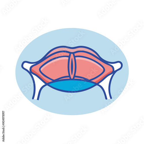 Stylized illustration of human vocal cords inside a blue oval