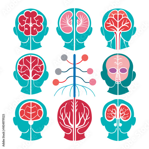 Conceptual human head icons showing internal organs and connections