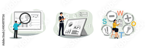 Entrepreneurs analyze key performance indicators with graphs and charts.