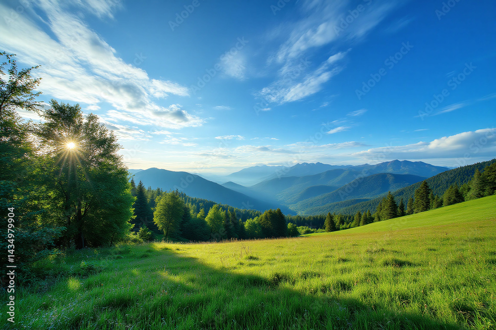 grassy field with trees and mountains in the background 2 grassy field with trees and mountains in the background 2