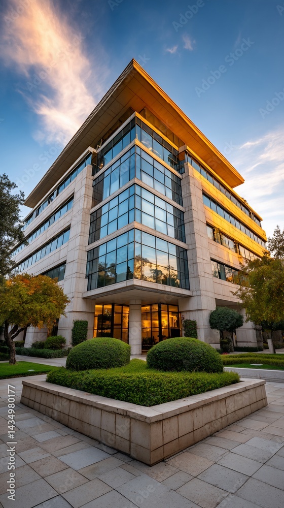 Fototapeta premium Modern office building at sunset, surrounded by landscaping