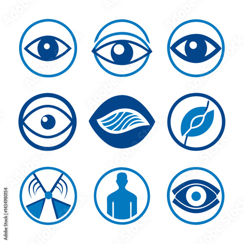 Blue icon set with human, eye, and leaf elements