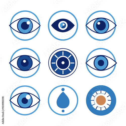 Collection of minimalist eye icons in blue color palette