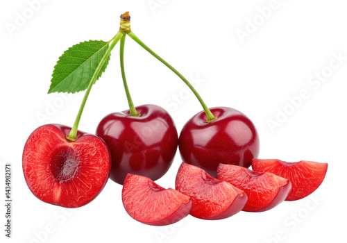 Fresh cherries with slices and leaf isolated on transparent background