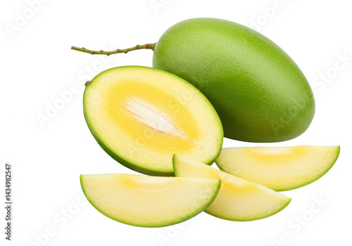 Green mango with slices and half cut mango isolated on transparent background