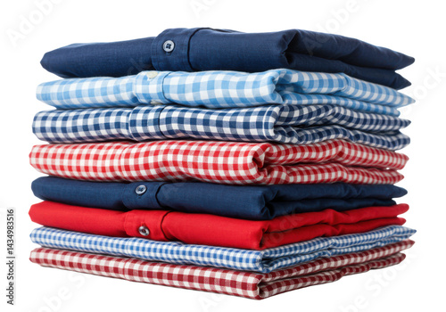 Stack of folded shirts with various colors and patterns isolated on transparent background