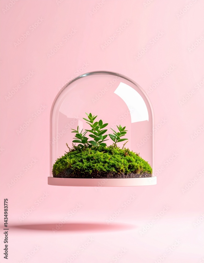 Fototapeta premium 淡いピンクの背景に浮かぶガラスドームの中の小さな苔テラリウム