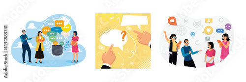 Business people communicate with speech bubbles.