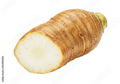 Close up of a sliced taro root vegetable isolated on transparent background