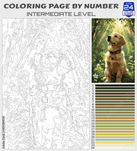 Coloring Page by Numbers - Golden Retriever Puppy in Forest Light - Intermediate Paint by Number Template for Adults and Kids with 24-Color Palette Guide
