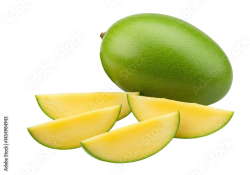 Green mango with slices isolated on transparent background