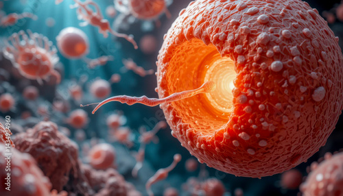 Microscopic view of a sperm penetrating an egg, surrounded by other cells.  Detailed rendering showcases the fertilization process.
