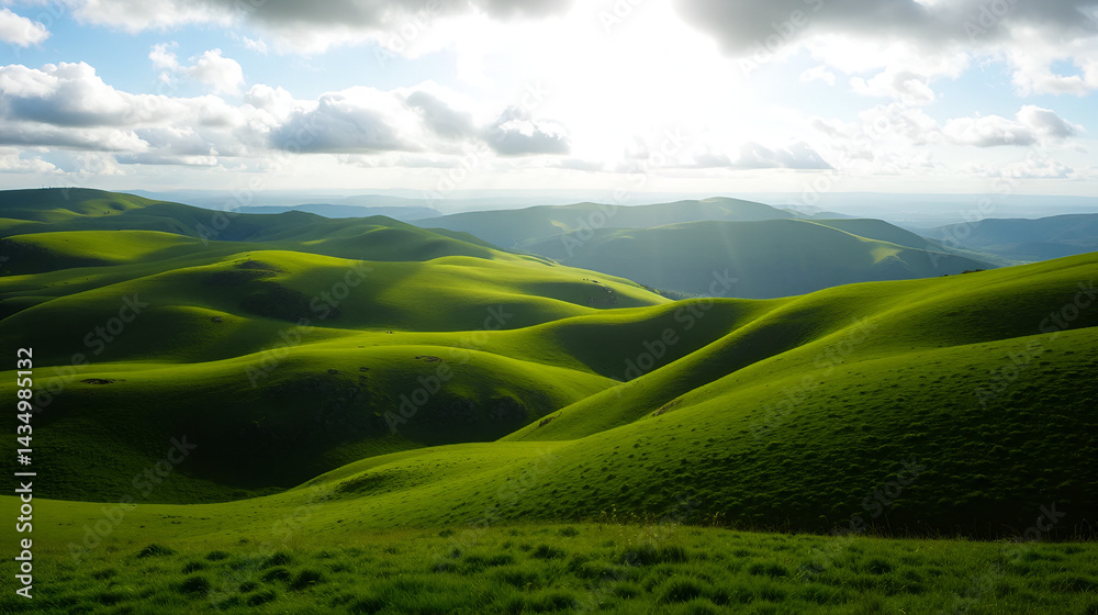 Obraz premium Stunning green landscape with rolling hills under a cloudy sky and sun shining brightly, perfect for nature and travel imagery.