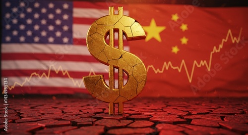 A large cracked golden dollar sign ($) standing on a fragmented surface with deep red cracks, in the background a blended image of the American flag and Chinese flag with a declining financial chart