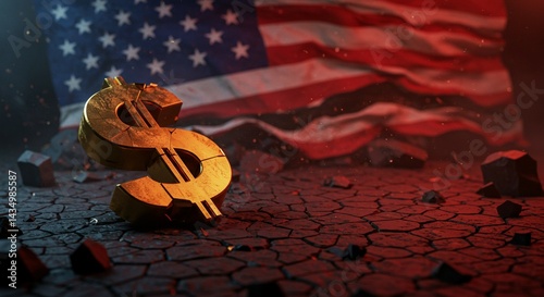 A shattered golden dollar symbol ($) lying in debris and cracked ground, with the American flag torn in the background
