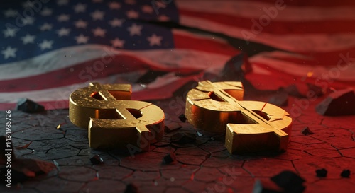 A shattered golden dollar symbol ($) lying in debris and cracked ground, with the American flag torn in the background