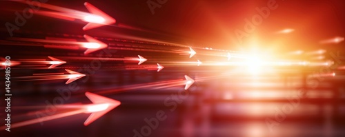 A dynamic image featuring arrows in motion, creating a sense of speed and direction towards a bright light source.