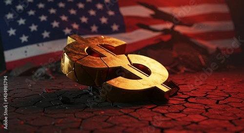 A shattered golden dollar symbol ($) lying in debris and cracked ground, with the American flag torn in the background