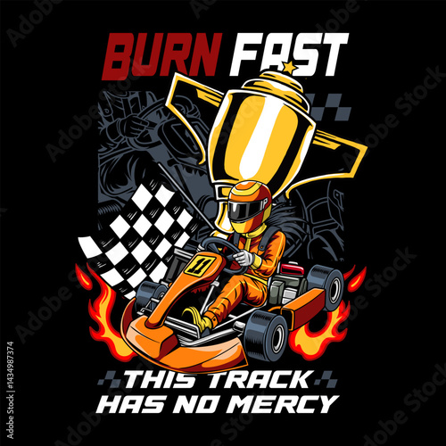 Kart sport racing orange color with a man driver cartoon illustration for poster, t-shirt print, business element, social media content, blog, sticker, vlog, and card	