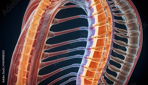 Detailed Anatomy of the Human Thoracic Spine: Vertebrae, Ribs, Spinal Cord, and Nerves photo