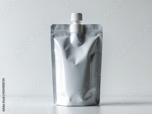 Single, empty silver laminated spout pouch standing upright on a reflective surface. Packaging mockup.