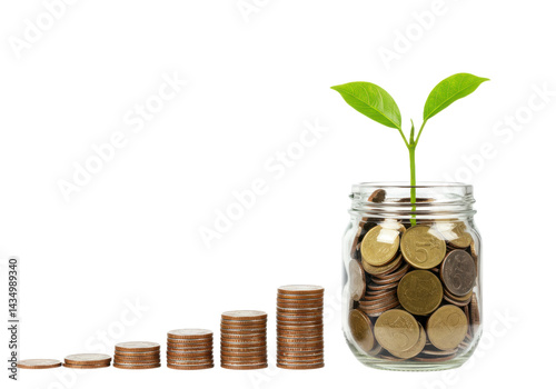 Money growth concept with coins and plant isolated on transparent background