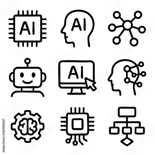 Set cute doodle icons representing artificial intelligence, machine learning, robotics, neural networks, and digital technology