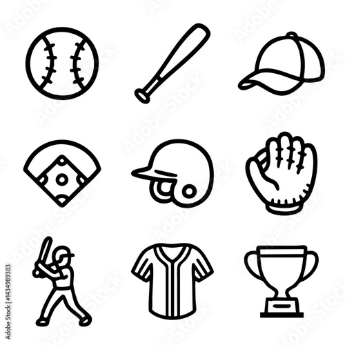 A cute icon set featuring baseball equipment, field layout, player gear, and symbols of the sport and competition